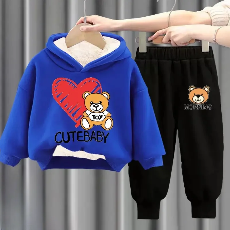 winter Boys Clothes plush warm long sleeve& trousers 2 Pieces Set Teenage Girls & Boys Printed teddy bear hoodies Fashion Casual