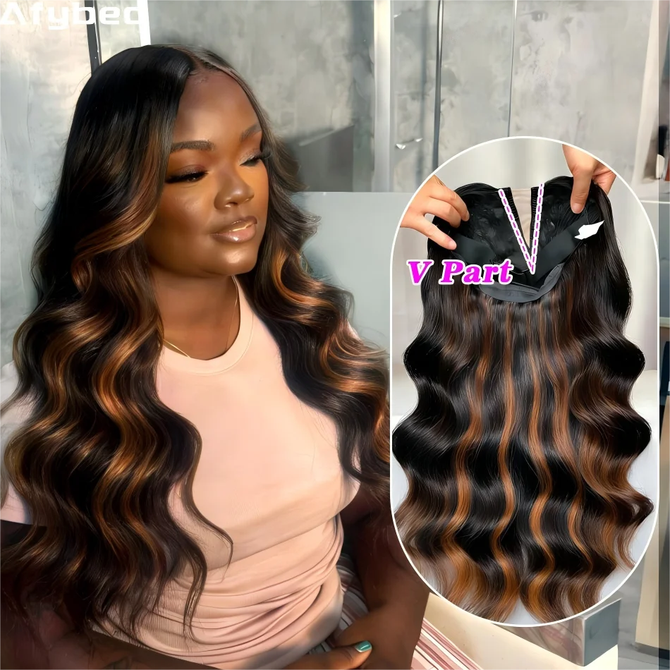 Highlight P1B30 V Part Wig Human Hair Body Wave Upgrade V Part With Adjustable Drawstring 250 Density V Shape Clip In Half Wig