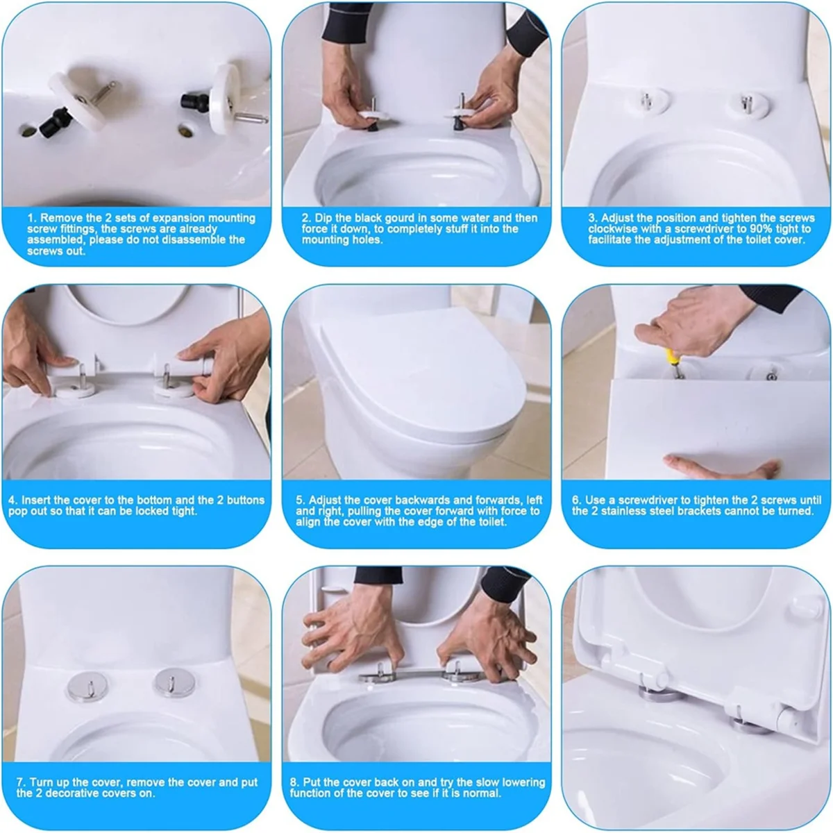 New Set of 6 Toilet Seat Attachments, Screws for Toilet Seat, Hinge for Toilet Lid Attachment,Blind Hole Fixings Hinges