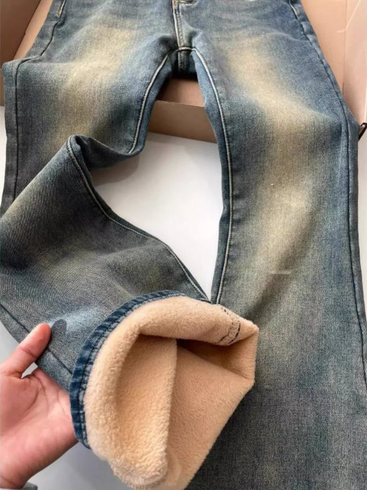 플러스 사이즈 기모 안감 마이크로 플레어 데님 청바지 여성용 겨울 하이웨이스트 슬림핏 신축성 있는 스트레이트 레그 와이드 레그