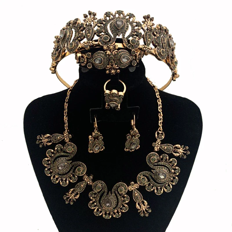 Turkish Wedding Fashion Jewelry Set Ladies Earring Necklace Bracelet Ring Crown Arab Bronze Bride Gift Jewelry Set Accessories