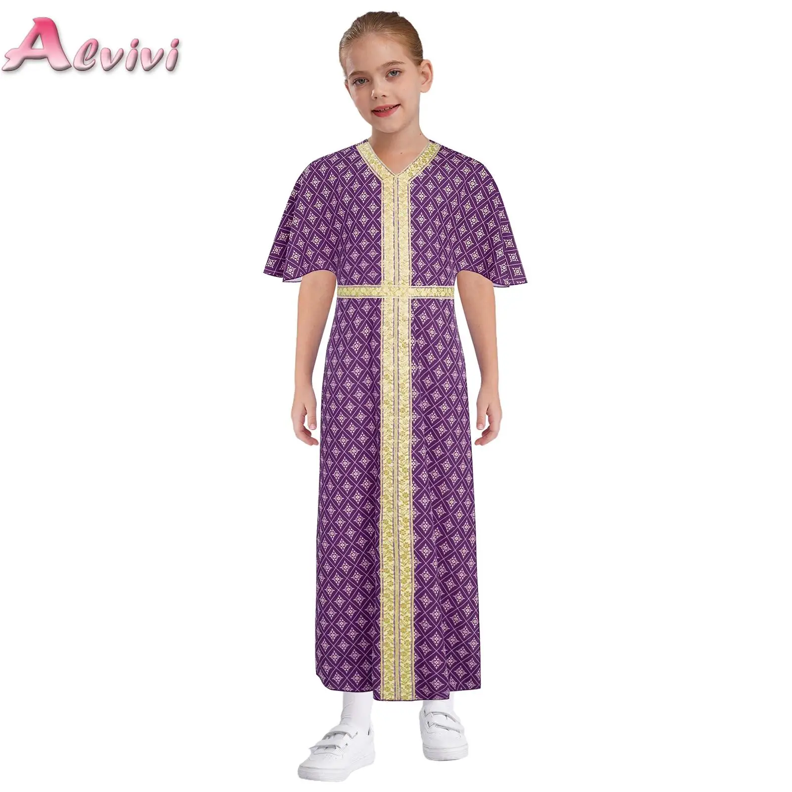 

Kids Girls Muslim Abaya Tunic Floral Print Embroidery Kaftan Side Split Belted Islamic Maxi Robe Dress for Halloween Role Play