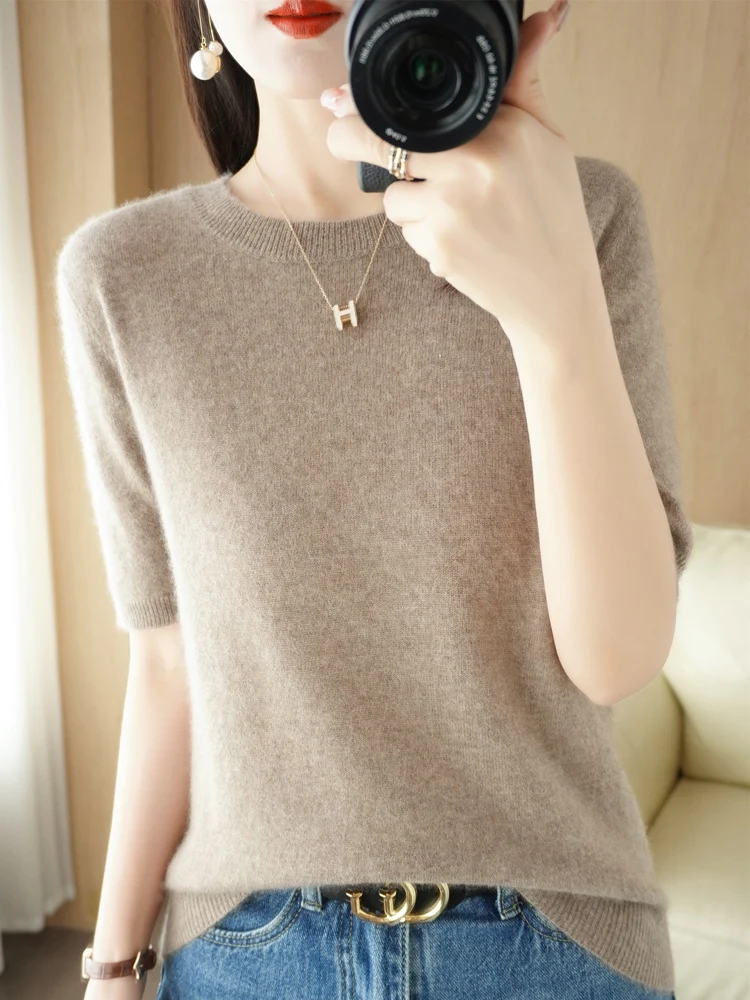 New Chic Women Summer T-shirt O-neck Short Sleeve Pullover Sweater Merino Wool Knitwear Basic Soft Clothing Korean Style Tops