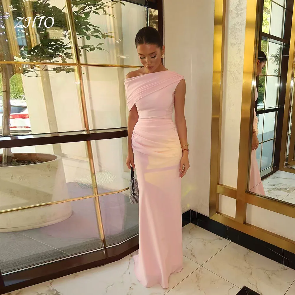 

ZHIO Elegant Pink Satin Evening Dress Off Shoulder Pleat Memraid Boho Formal Occasion Clebration Dresses Custom Saudi Arabic