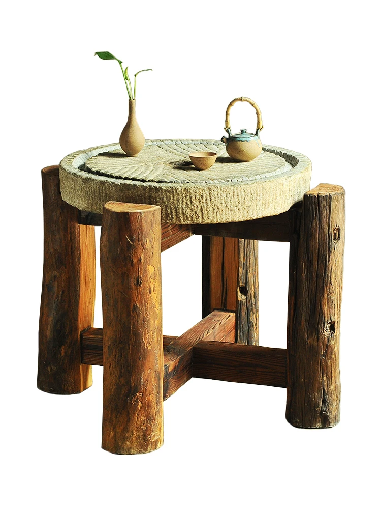 Stone Mill Tea Plate Tea Sea Old Mill T Table Old Stone Age Courtyard Decoration Outdoor Wooden Frame Combination Grinding Plate