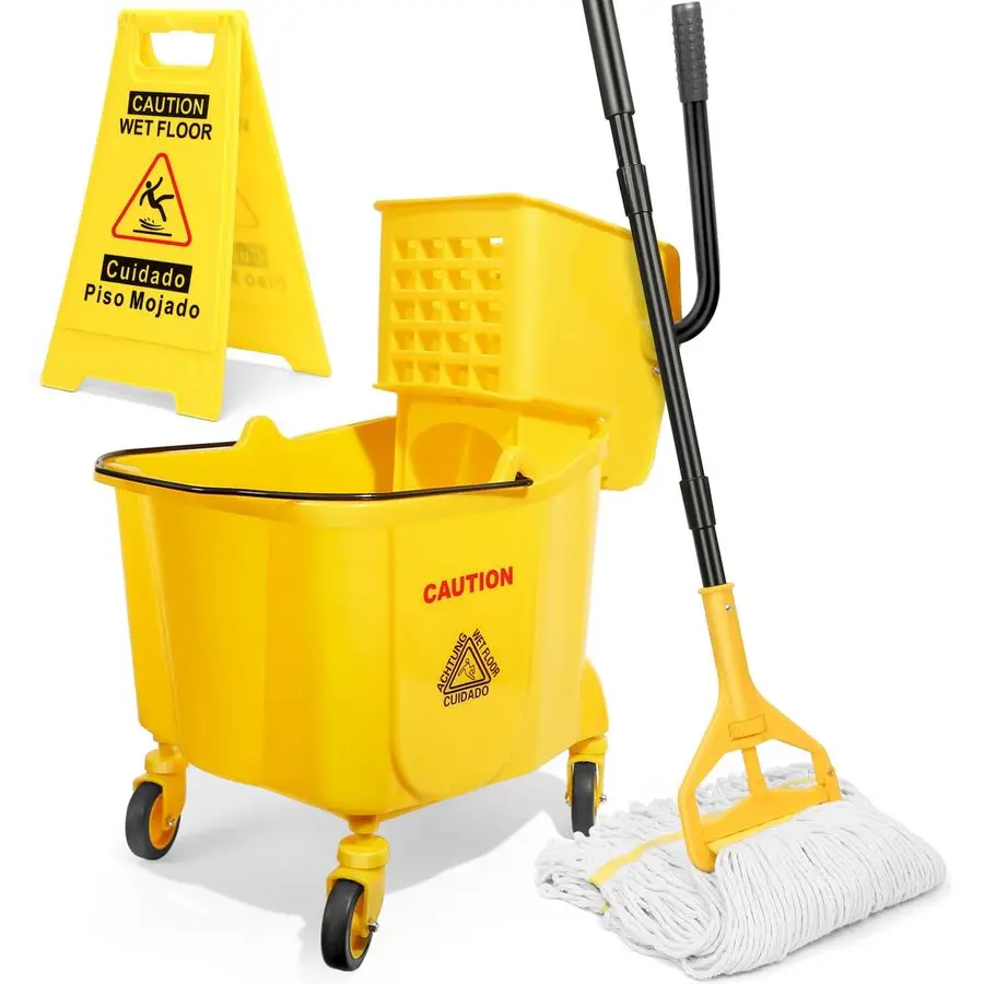 

Коммерческое ведро для швабры Qt с боковым нажатием на колесах и набором швабр для уборки пола, включая 1 промышленную швабру и влажную воду Fl.