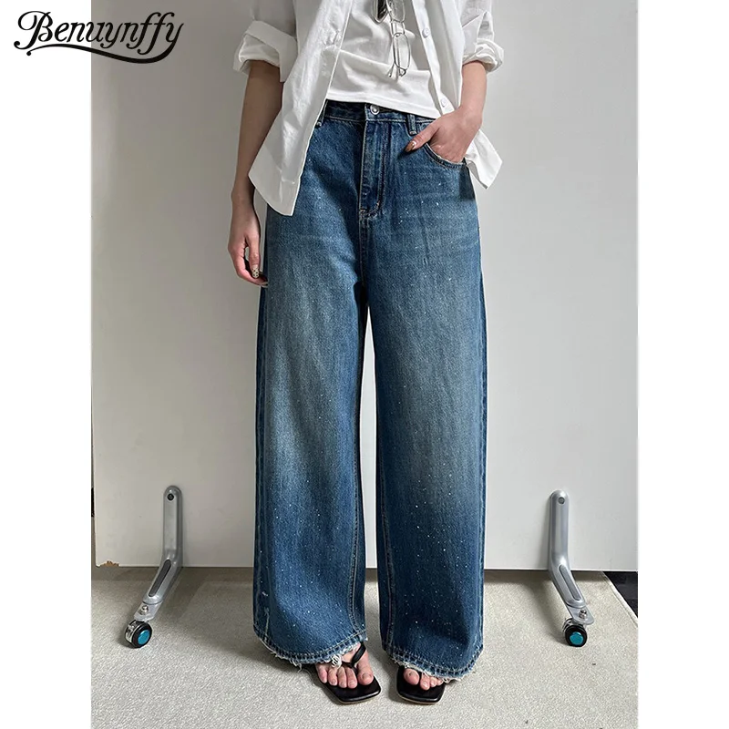 

Джинсы Benuynffy с эффектом брызг краски, рваные, с необработанным краем, широкие штанины, женские, весна 2026, новая уличная мода, корейский стиль, свободные джинсовые брюки