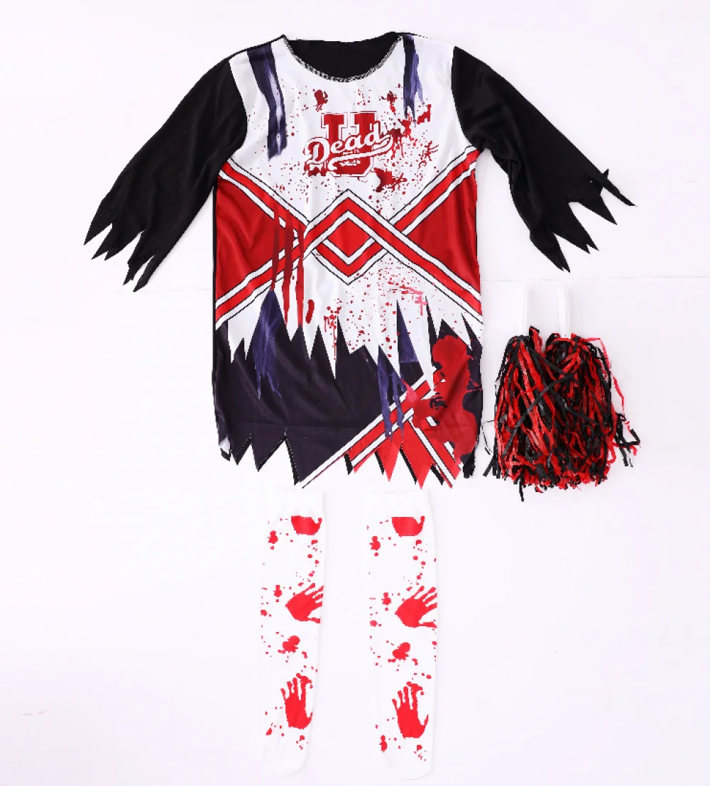 Halloween Cheerleader Girls Bloody Dress Scary Outfit with Handprint Socks Fancy Dress Accessories Party Costumes