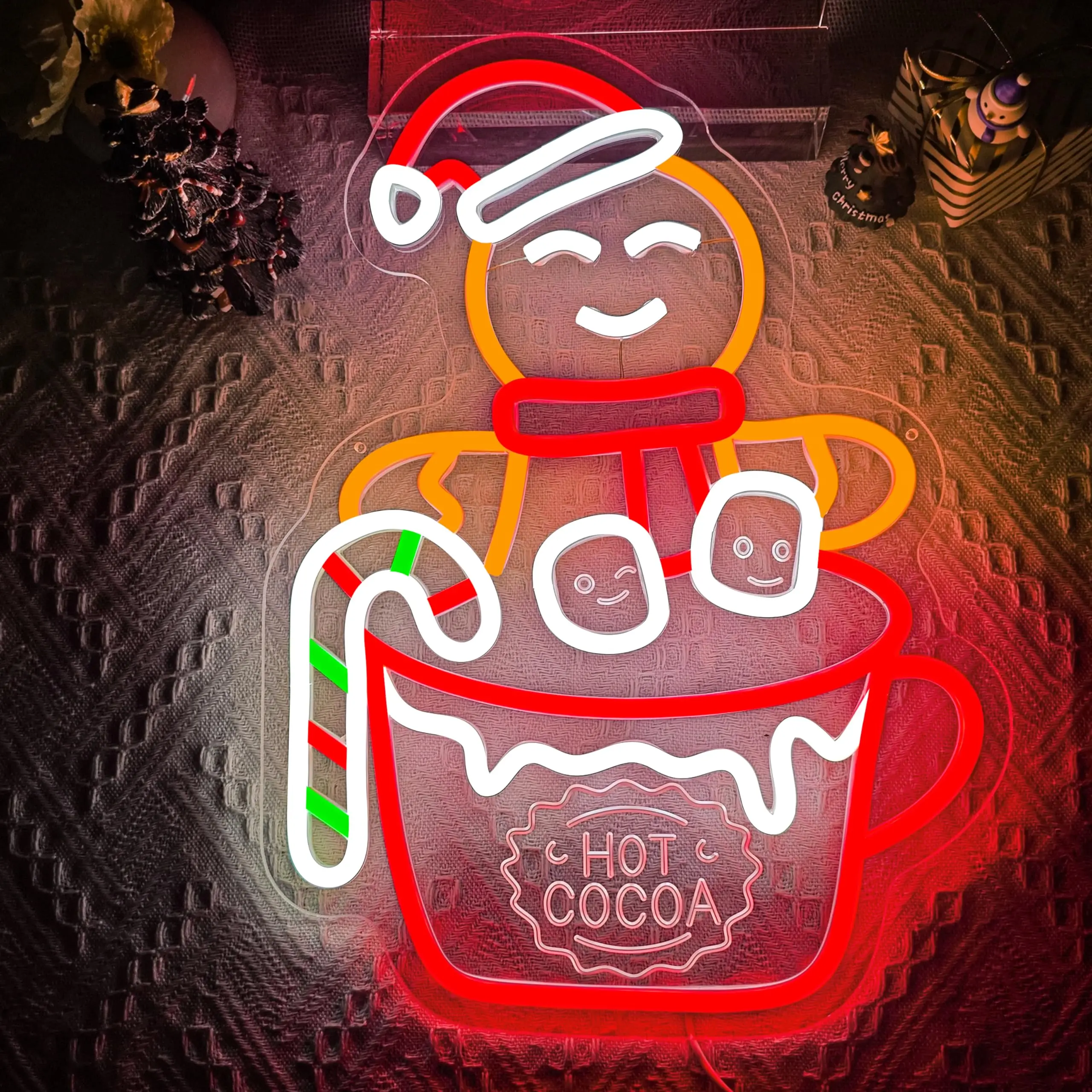 

Пряничный человечек, неоновая вывеска с регулируемой яркостью, рождественские светящиеся знаки с горячим какао, настенный декор для домашней вечеринки, рождественский подарок