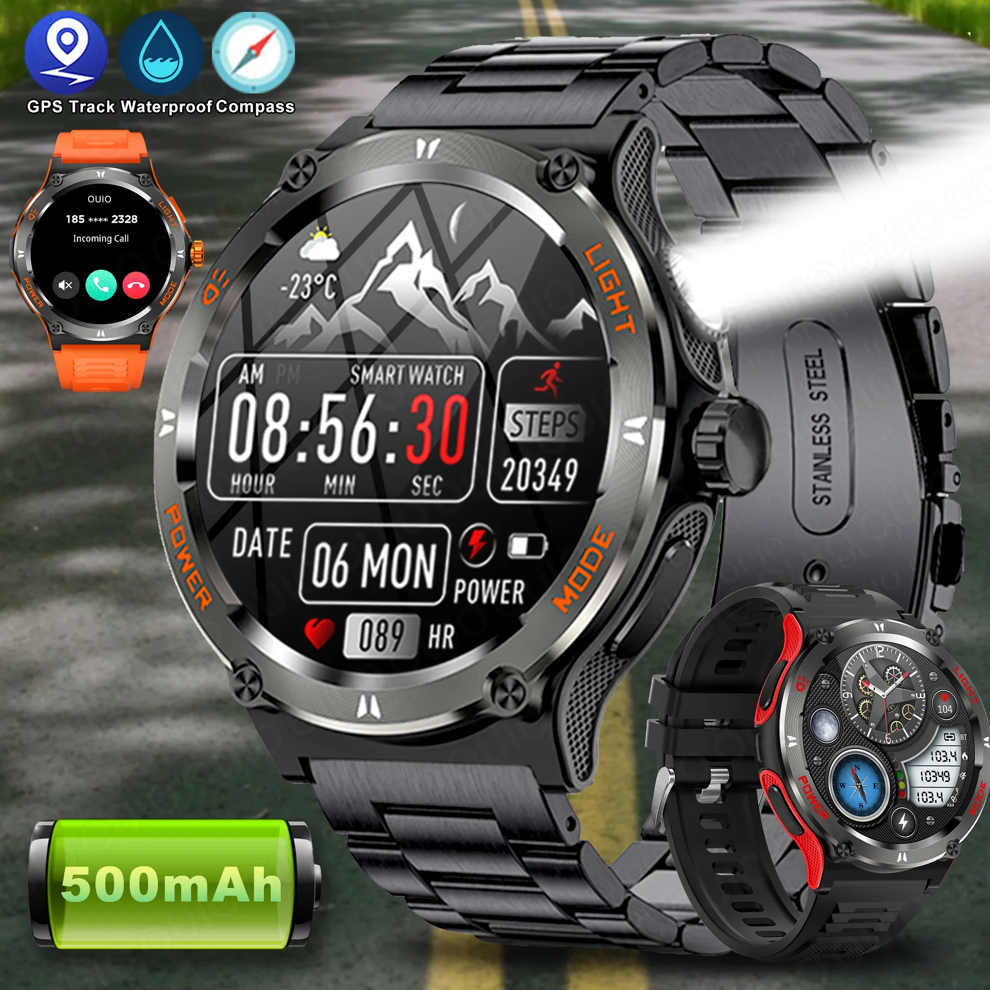 Montre intelligente militaire étanche pour homme, lumière LED, écran HD AMOLED, boussole de fréquence cardiaque, appel Bluetooth, 3iko, extérieur, nouveau, 2021