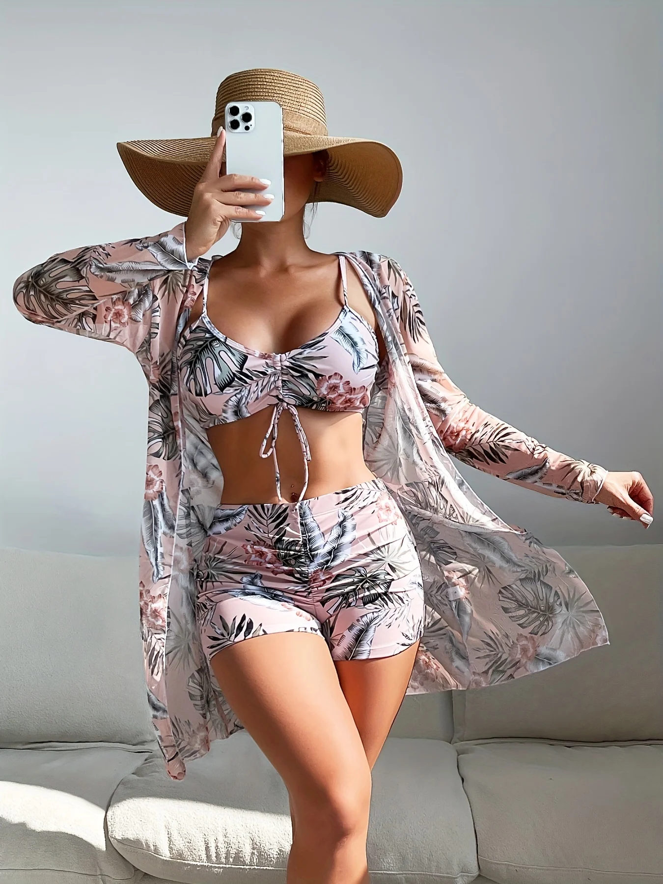 3-teiliges schickes Badebekleidungs-Bikini-Set mit V-Ausschnitt, Boxershorts, langärmeliges Cover-Up-Shirt, bequemer Badeanzug, Badeanzug für Damen