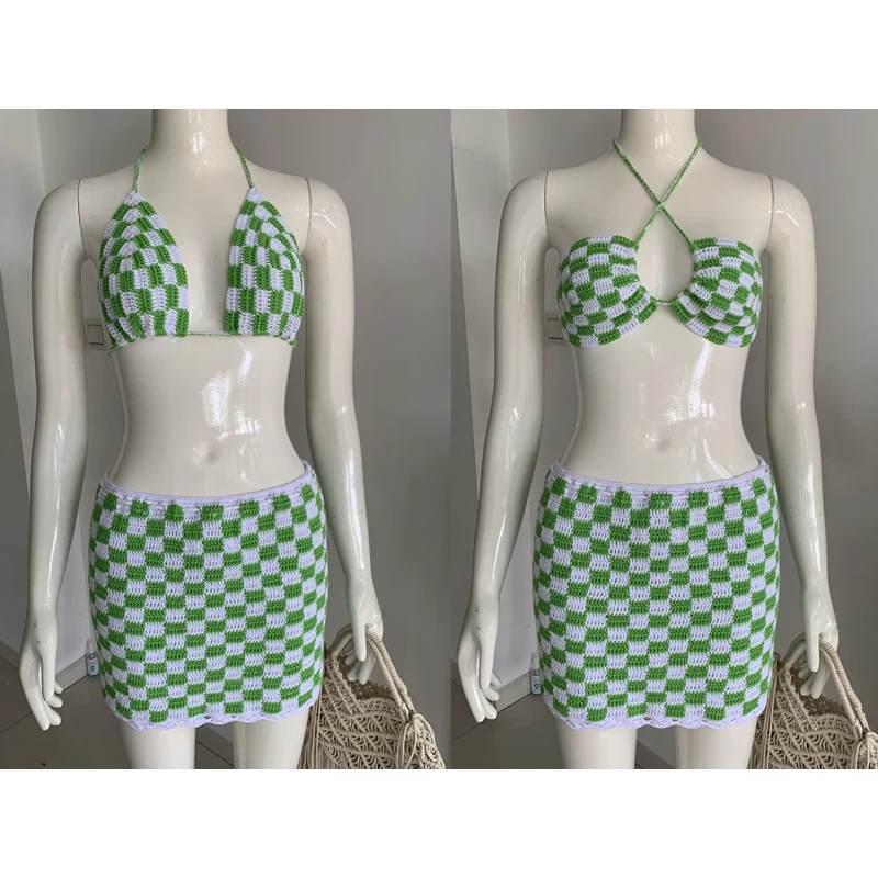 2022 Women Handmade Crochet Checkerbord Swimwear Female Swimsuit Three-pieces Bikini set With Skirt Bather Bathing Suit Swim