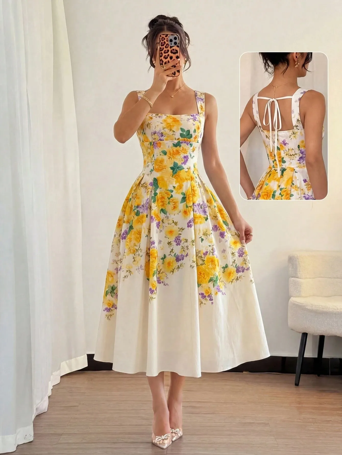 Women's Elegant Holiday Floral Print Belted Dress Stylish Casual Maxi Skirt with Sashes for Vacation