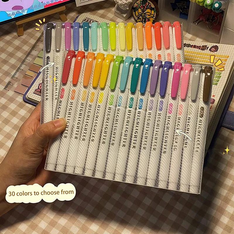 1Set 15Colors Double Headed Highlighter Pen Set Fluorescent Drawing Markers Highlighters Pens Art Pen Cute Pastel Stationery