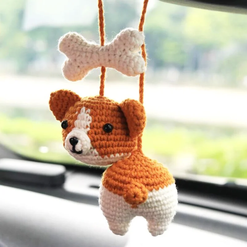 

Woven Animal Car Hanging Ornament Handmade Knitting Cute Dog Bone Pendant Wall Hanging Ornament Car Auto Interior Accessories