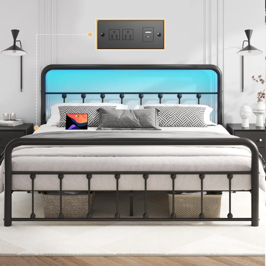 14 Inch Queen Bed Frame Classic Metal Platform Bed Frame with Charging Station LED Victorian Style IronArt Headboard Footboard
