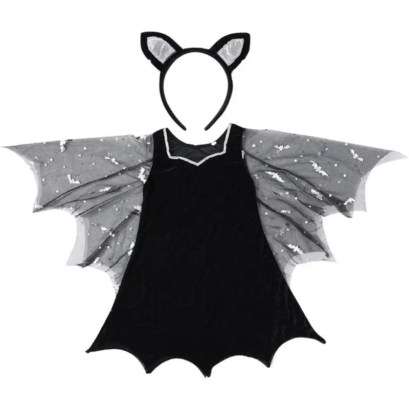 

652F Bat Costume for Kids Bat Wing Dress Bat Ears Headband Halloween Vampires Cosplay Costume for Dressing Up Party Roleplay