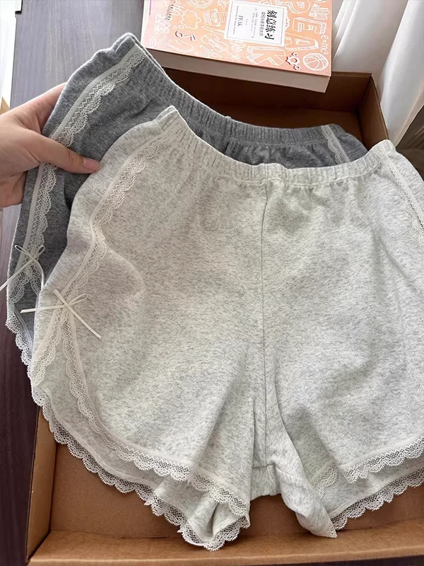 plus Size Lace Trim Casual Shorts Women Summer Design Wide Leg Home Pants Splicing Comfortable Breathable Lightweight Polyester