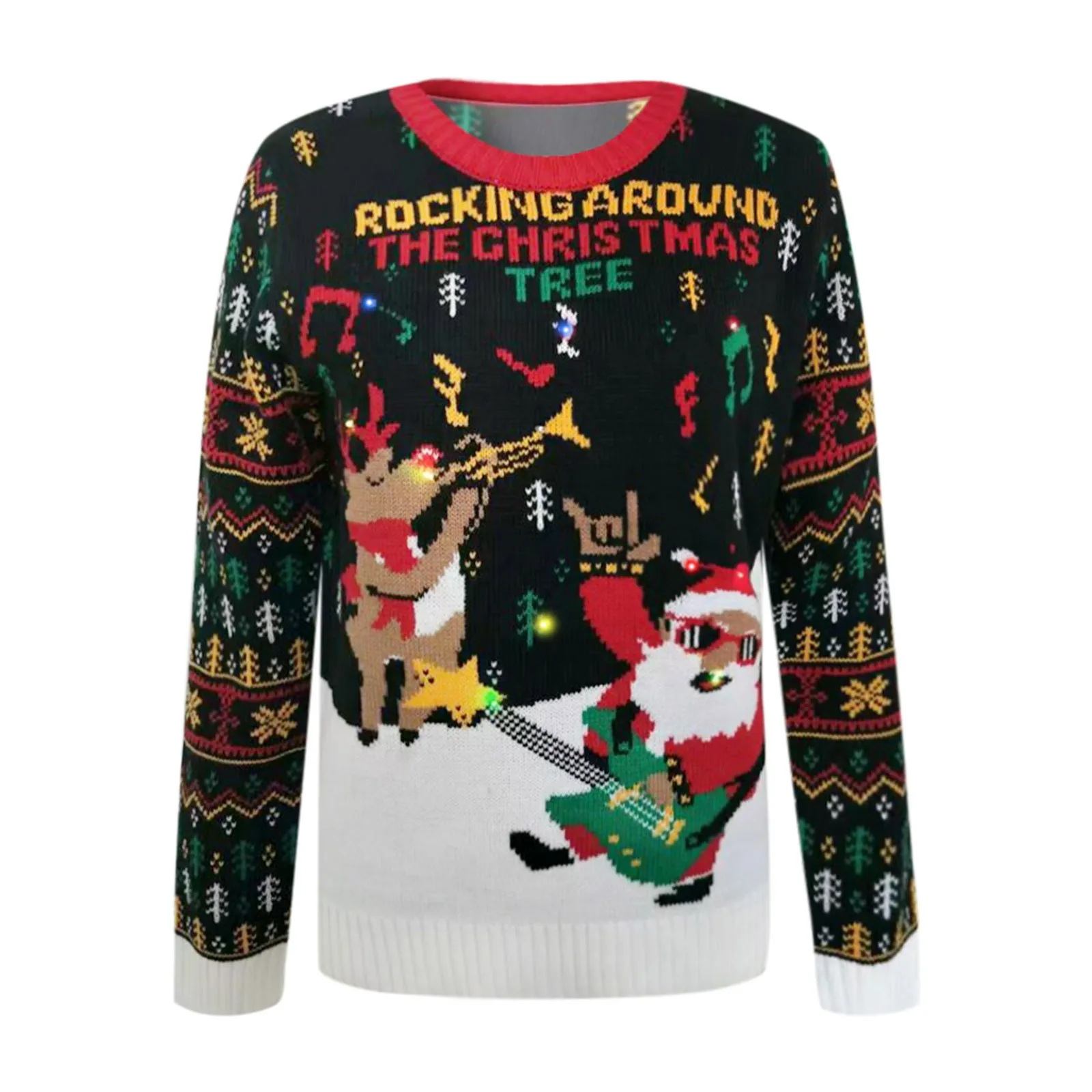 European Jacquard Christmas Sweater Women Led Lights Costume Santa Knitted Sweater Comfy Round Neck Loose Hoodies Jumpers