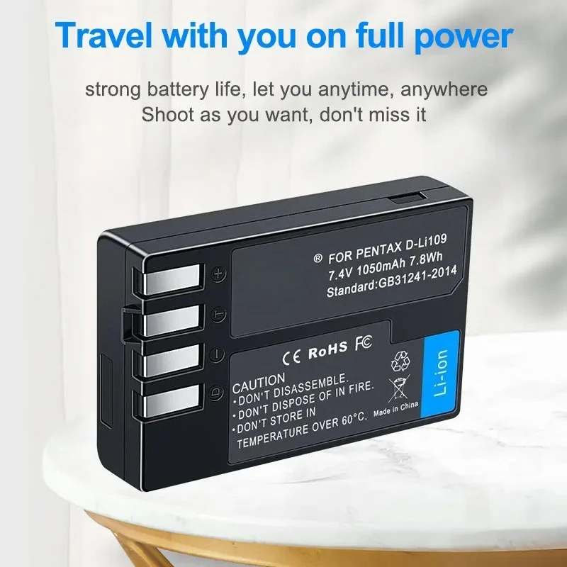 D-LI109 7.4V 1050mAh Li-ion Replacement Battery & USB Dual Charger for Pentax K-500/K-30/K-S2/K-S1/K-R/KP/K-70/K-50/K-F Camera