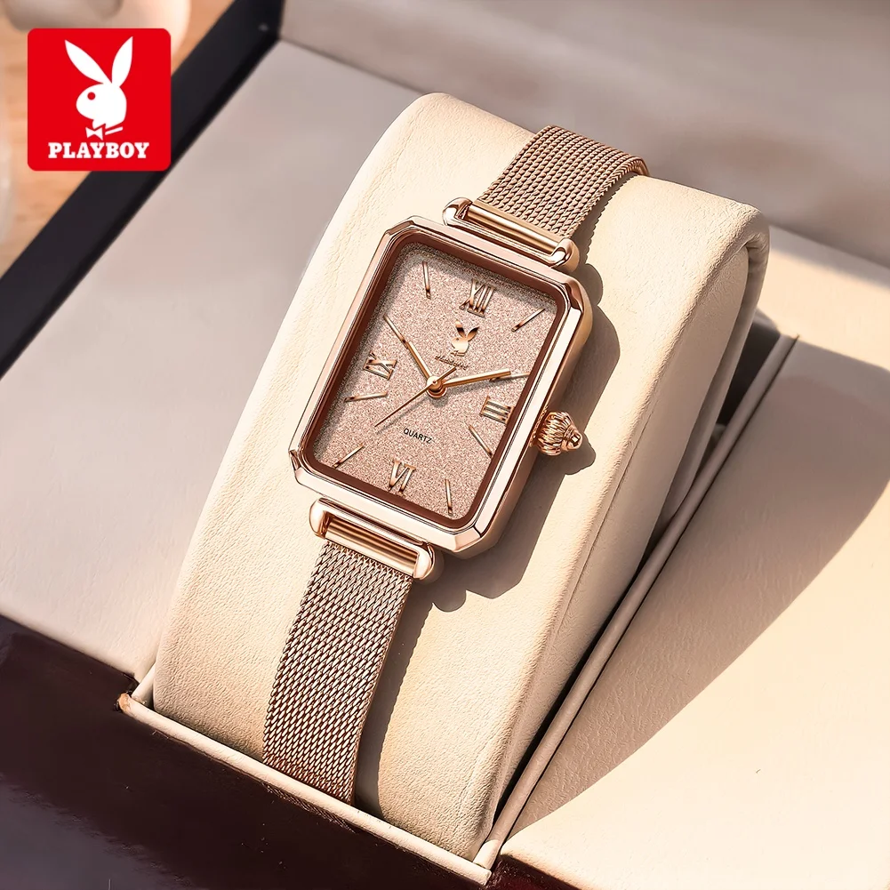 PLAYBOY 3100 Fashion Women Watch Moon Phase Quartz Movement Elegance Quicksliver Dial Waterproof Milanese Steel Belt Watch