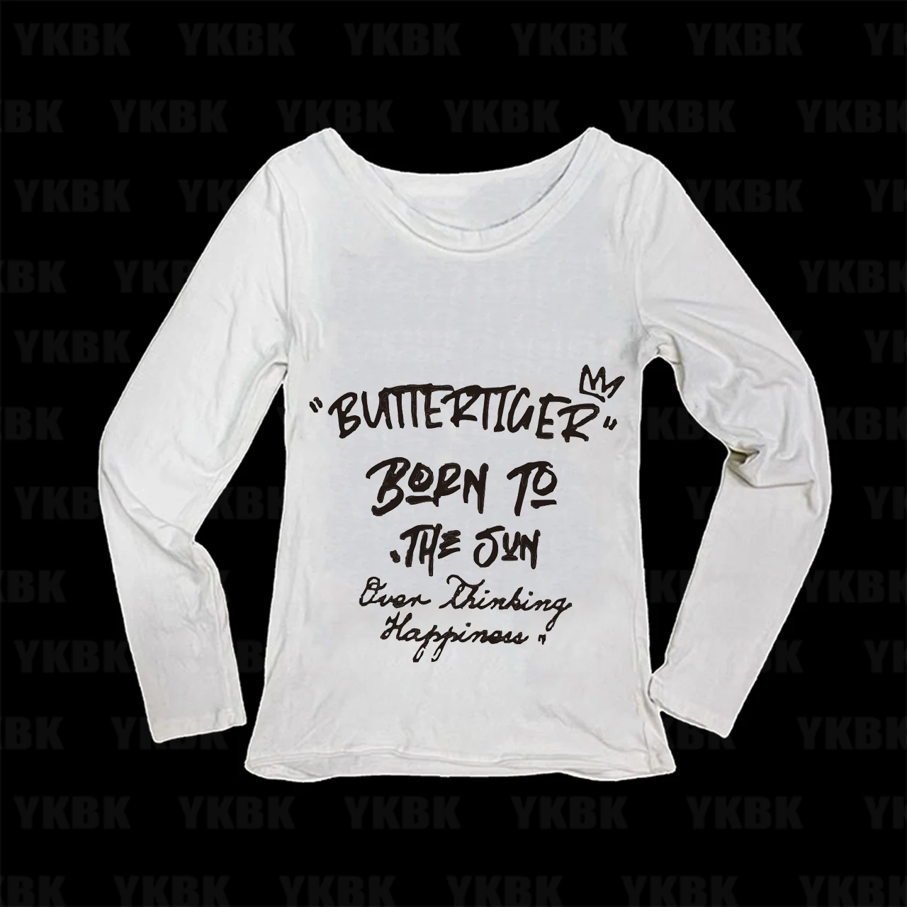 Grunge Alt Women Crown Letter Quote Graffiti Print Long Sleeve Tee Scoop Neck Slim Y2K Edgy Casual Fitted Top