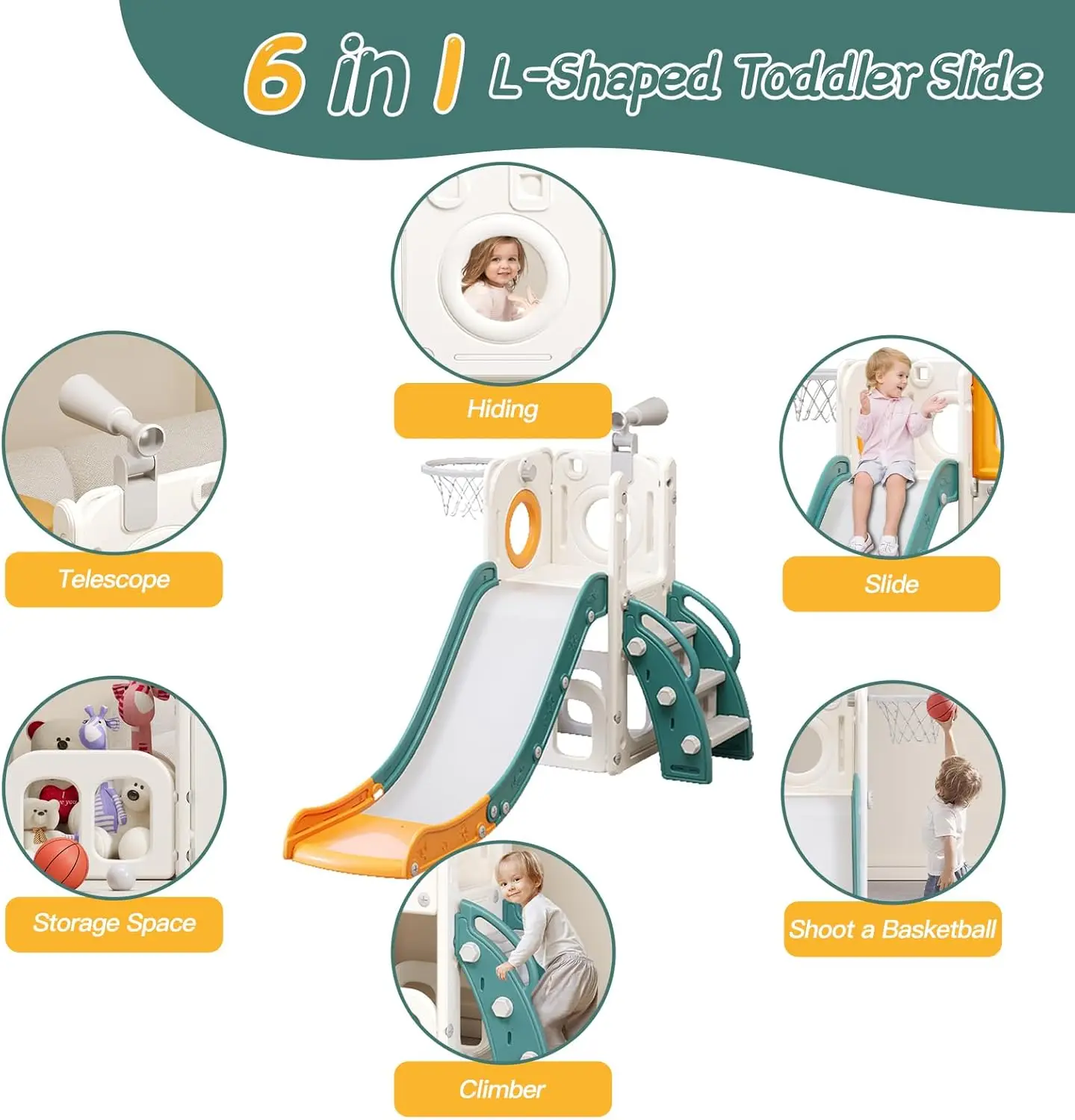 6 in 1 Toddler Slide for Toddlers Age 1-3, Extra-Long Slide with Basketball Hoop Indoor