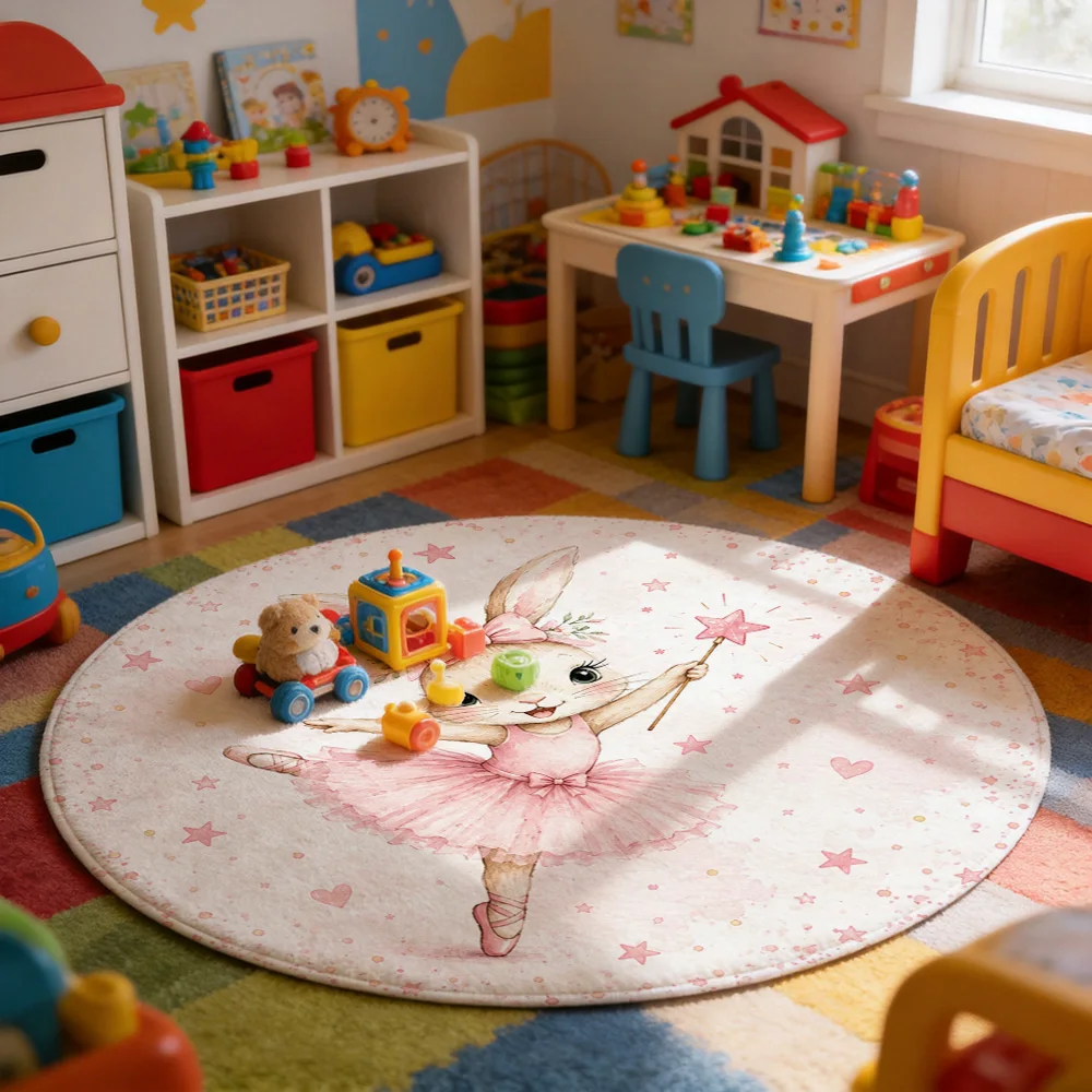 Cute Bunny Ballerina Pink Star Nursery Rug Play Mat for Baby Girl Room Decor Soft Plush Floor Carpet