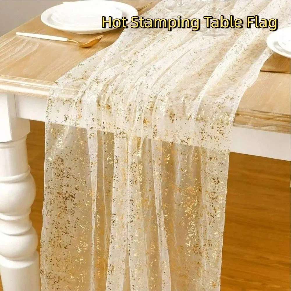 Golden Sequin Glitter Hot Stamping Table Flag European Style Elegant Mesh Birthday Table Runner Soft Luxury Sheer Tablecloth