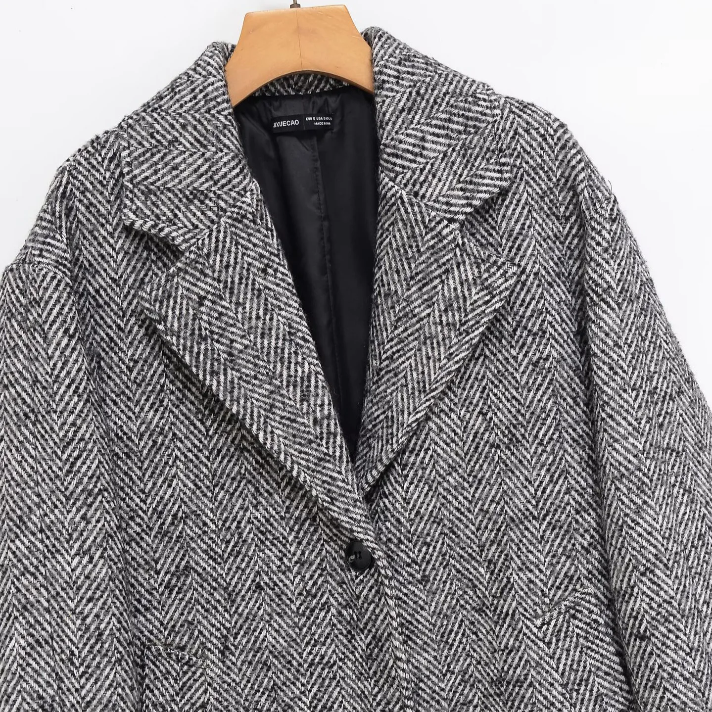 معطف صوفي فضفاض للنساء أنيق وفريد من نوعه مع طية صدر السترة محززة ملابس خارجية مستقيمة طويلة سترة واحدة الصدر