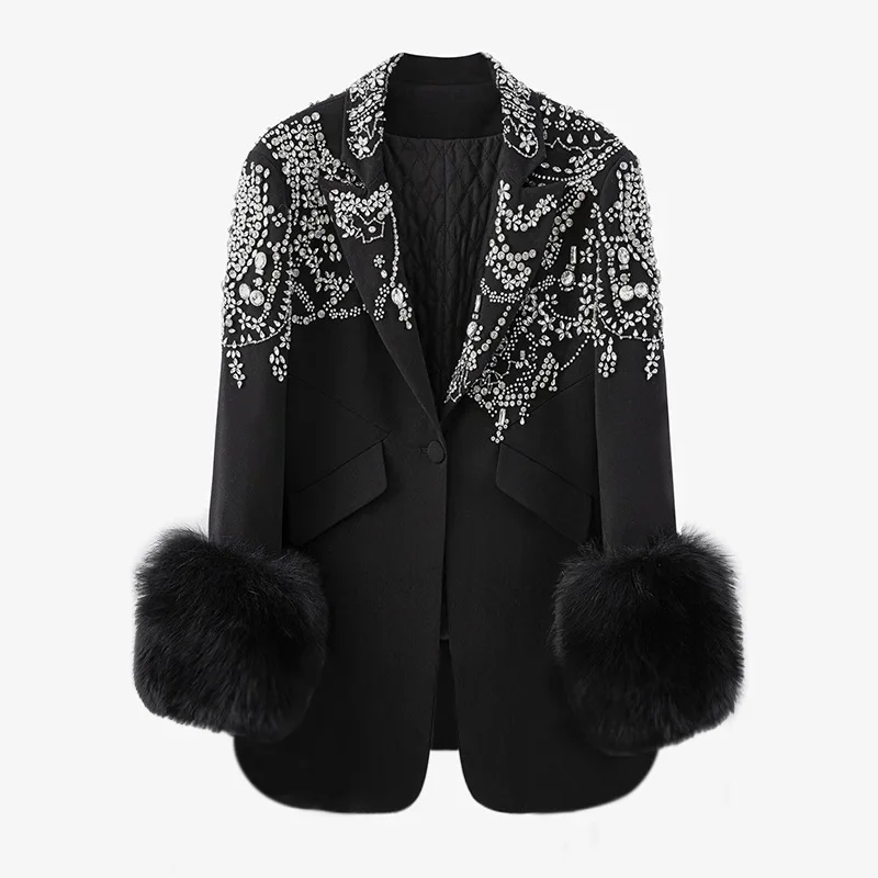 2024 Autumn and Winter New Women's Tailored Coats Diamond-encrusted Removable Long-sleeve Furry Cuffs Slim-fitting Short Blazers