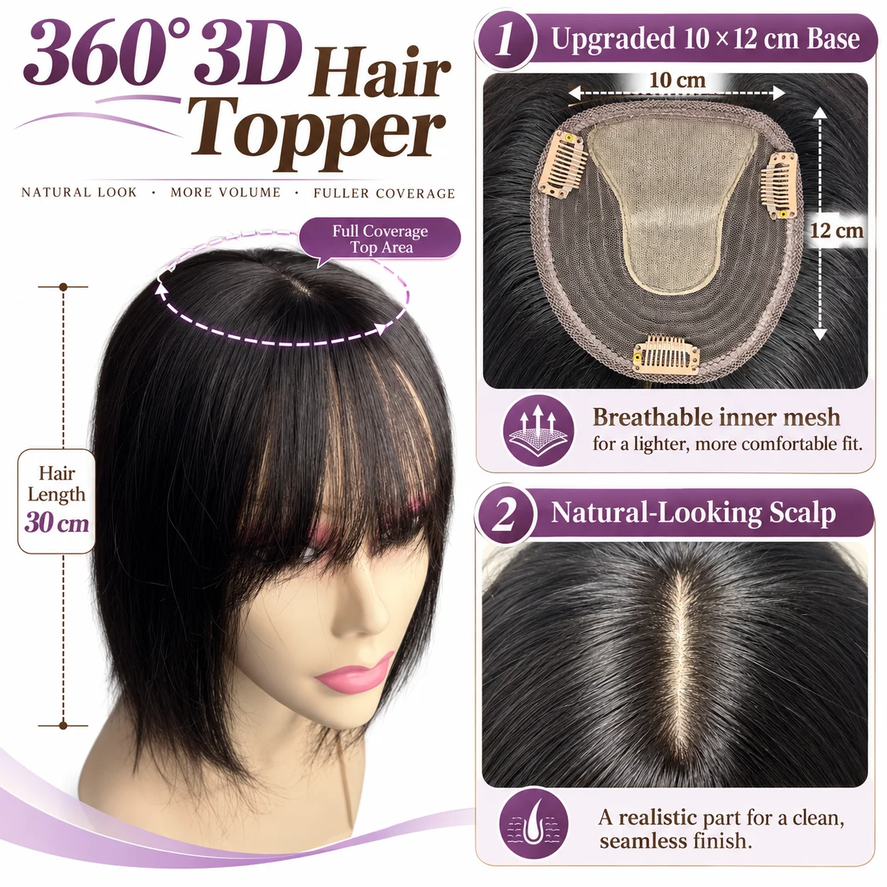 Natural T-part Lace Base Human Hair Toppers for Women with 3D Bangs Clip in Hair Extension Hairpiece Cover Hair Loss