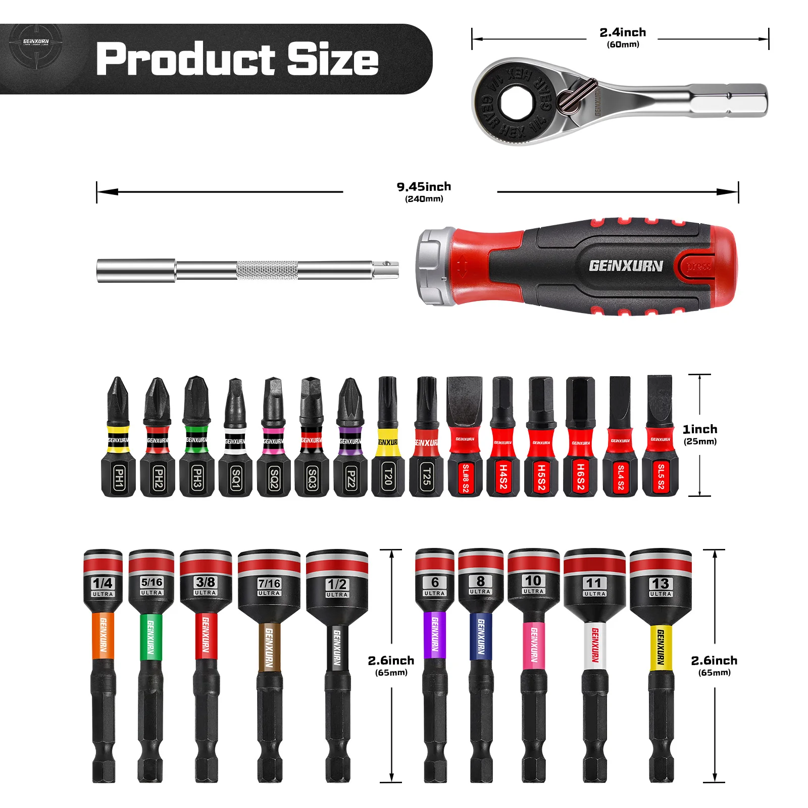 Geinxurn 19 PCS Ratcheting Screwdriver Set, Mini Rachet Wrench, Rachet Bit Handle and Nut Driver with Impact S2 Screwdriver Bits