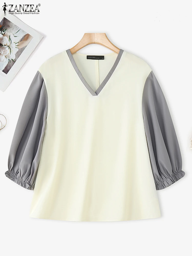 ZANZEA 2025 Elegant Blouse Autumn Lantern Sleeve Women V-Neck Color Patchwork Casual Shirts Fashion Office Lady Korean Blusas
