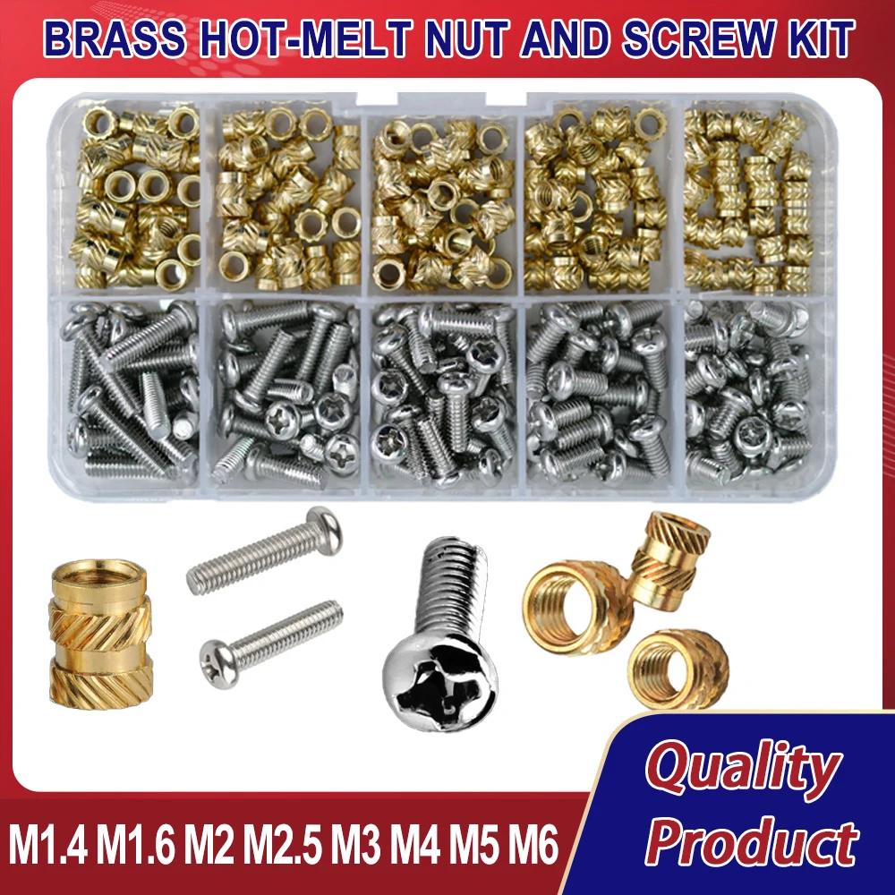 

M1.4 M1.6 M2 M2.5 M3 M4 M5 M6 304 Stainless Steel Screw and Brass Thread Insert Nut Heat Set Hot Melt Nut Bolt Assortment Kit