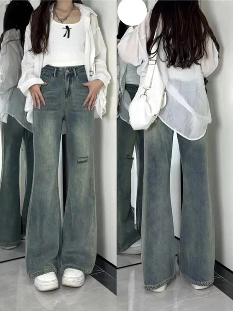 

Американские винтажные выцветшие джинсы-колокольчики, женские свободные не обтягивающие драпировки с высокой талией, утягивающие широкие брюки длиной до пола