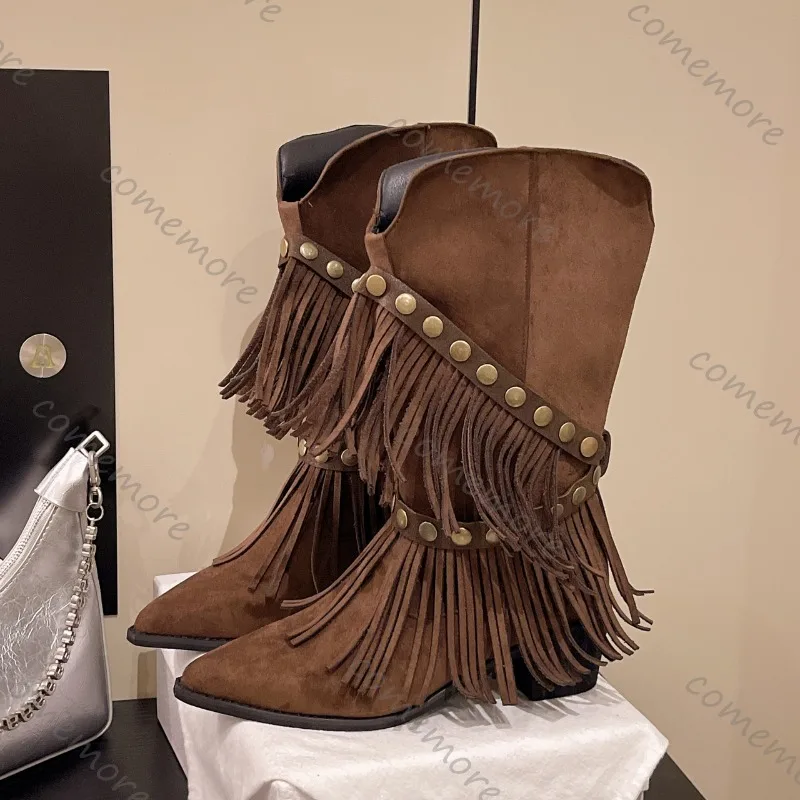 

Comemore Western Cowgirl Boots for Women Pointed Toe Chunky Middle Heel Vintage Women Shoes Rivets Tassel Brown Mid-calf Botas
