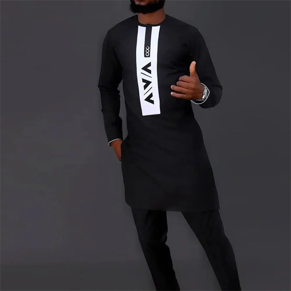 Fashion Luxury Black Men's Clothing Personality Long Sleeve Shirt Plus Sweatpants 2 Piece Set Muslim Ethnic Style Wedding Suit