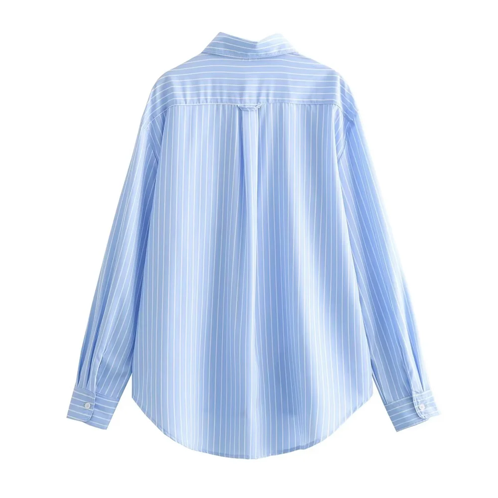 2024ZAR * Spring/Summer New Women\'s Polo Collar Long Sleeve Loose Casual Striped Poplin White Shirt Top