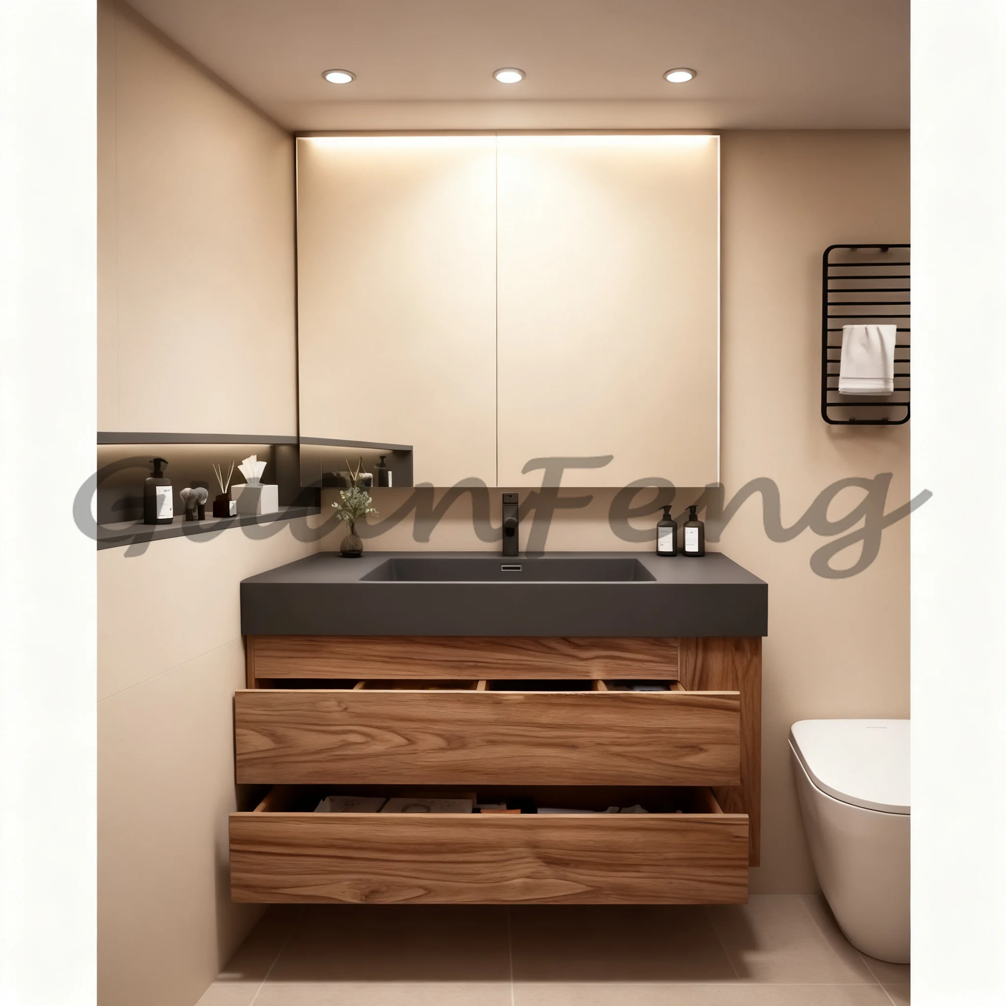 Stone Integrated Bathroom Sink Vanity Combo, French Style Wash Basin Bathroom Cabinet Set