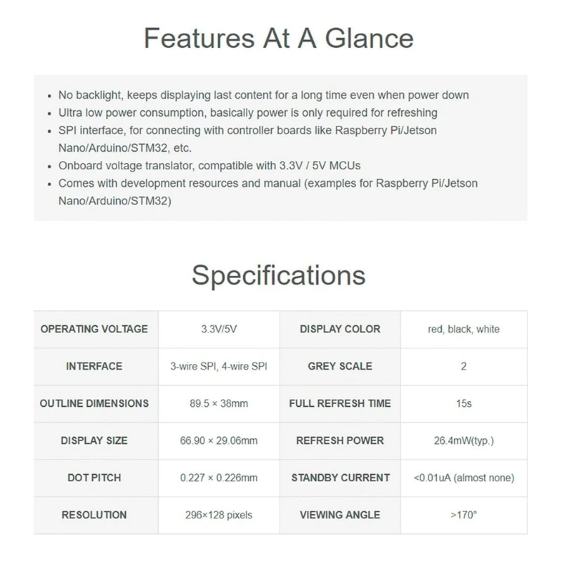 Модуль электронной бумаги 2,9 дюйма экран SPI 296 × 128 пикселей, трехцветный, красный, белый, черный, долговечный экран для Raspberry berrypi SPI E-Ink