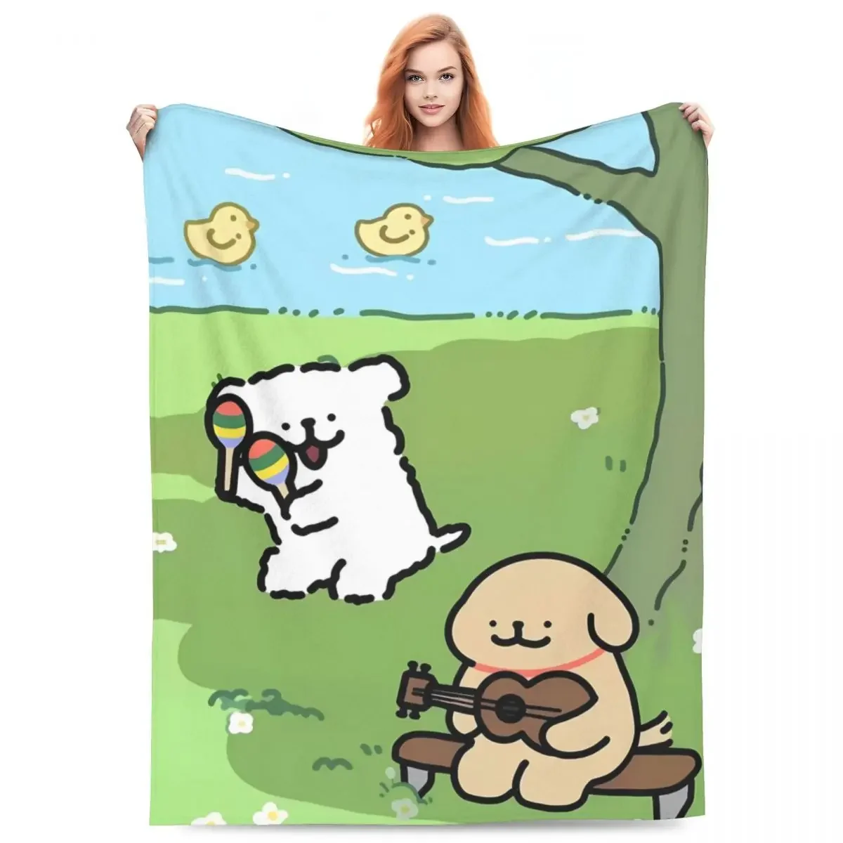 

Soft Flannel Throw Blanket for Home Decor Camping Theme with Maltese Puppy Guitar Design Cozy Bedspread for Sofa or Bed Cover