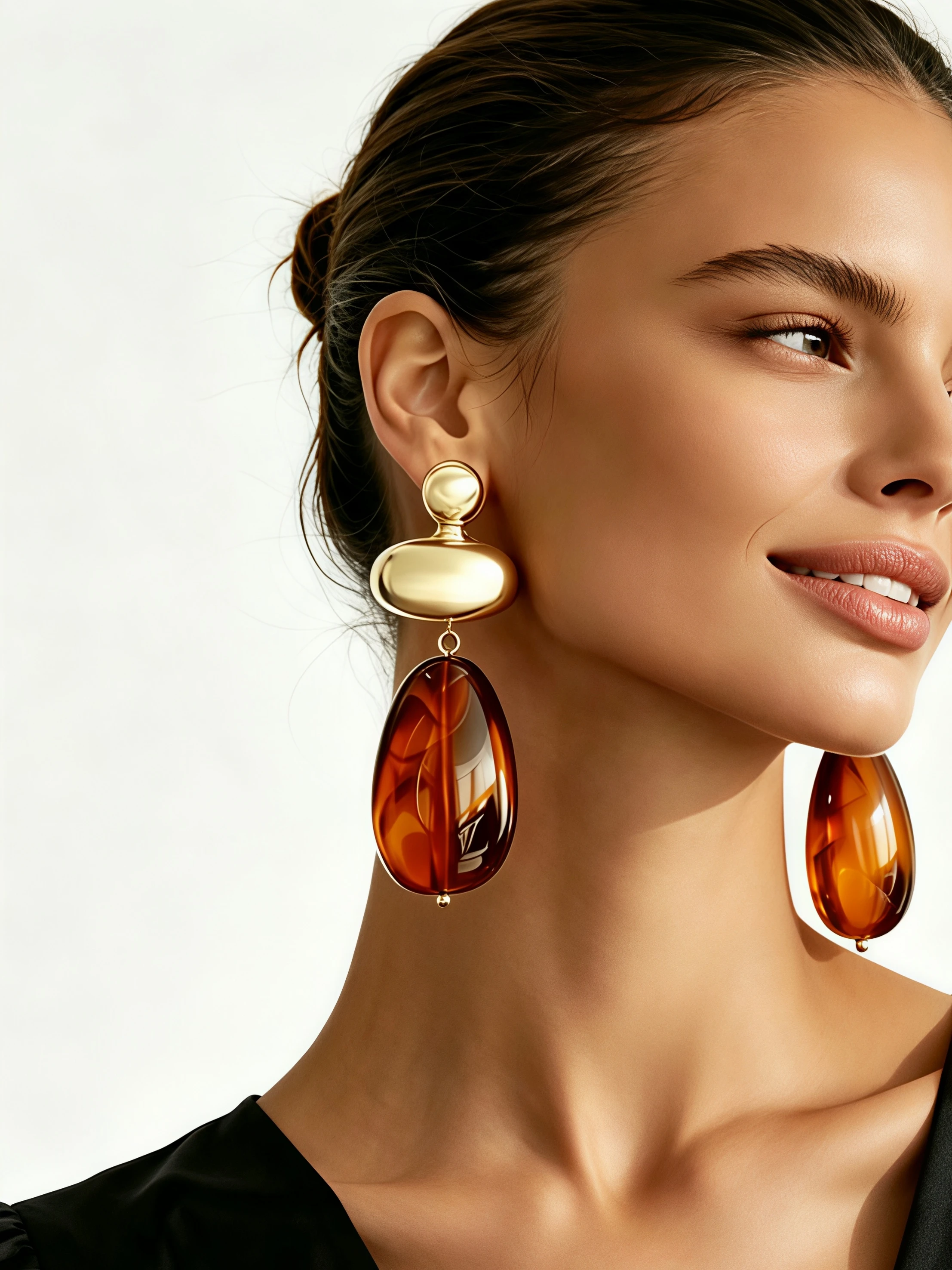 Geometric Oval Metal Amber Teardrop Pendant Earrings - Image 3