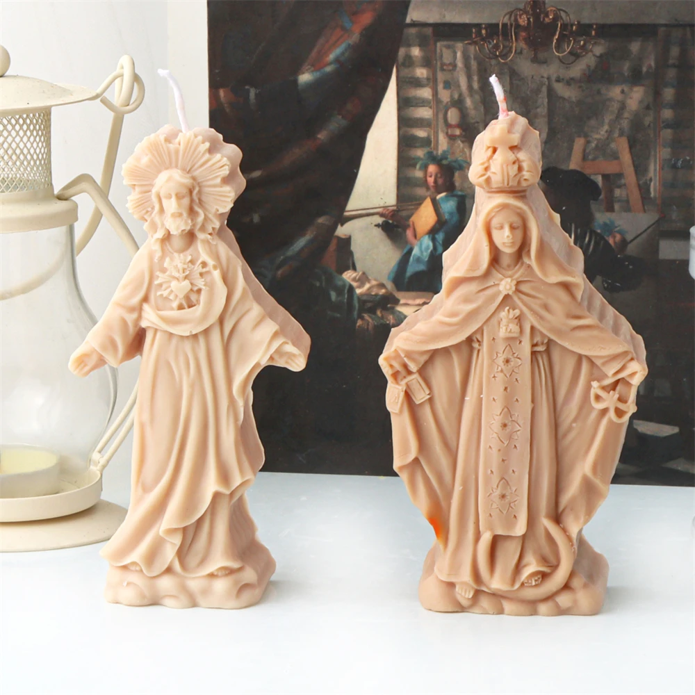 DIY Catholic Holy Jusus Family Candle Mold Jesus Virgin Mary Figurine Handmade Soap Plaster Silicone Mould Christmas Home Decor