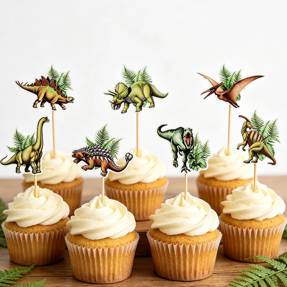 Dinosaur Cupcake Toppers Jungle Jurassic T-Rex Triceratops Cake Picks for Boys Birthday Party Baby Shower Dinosaur Theme Decors