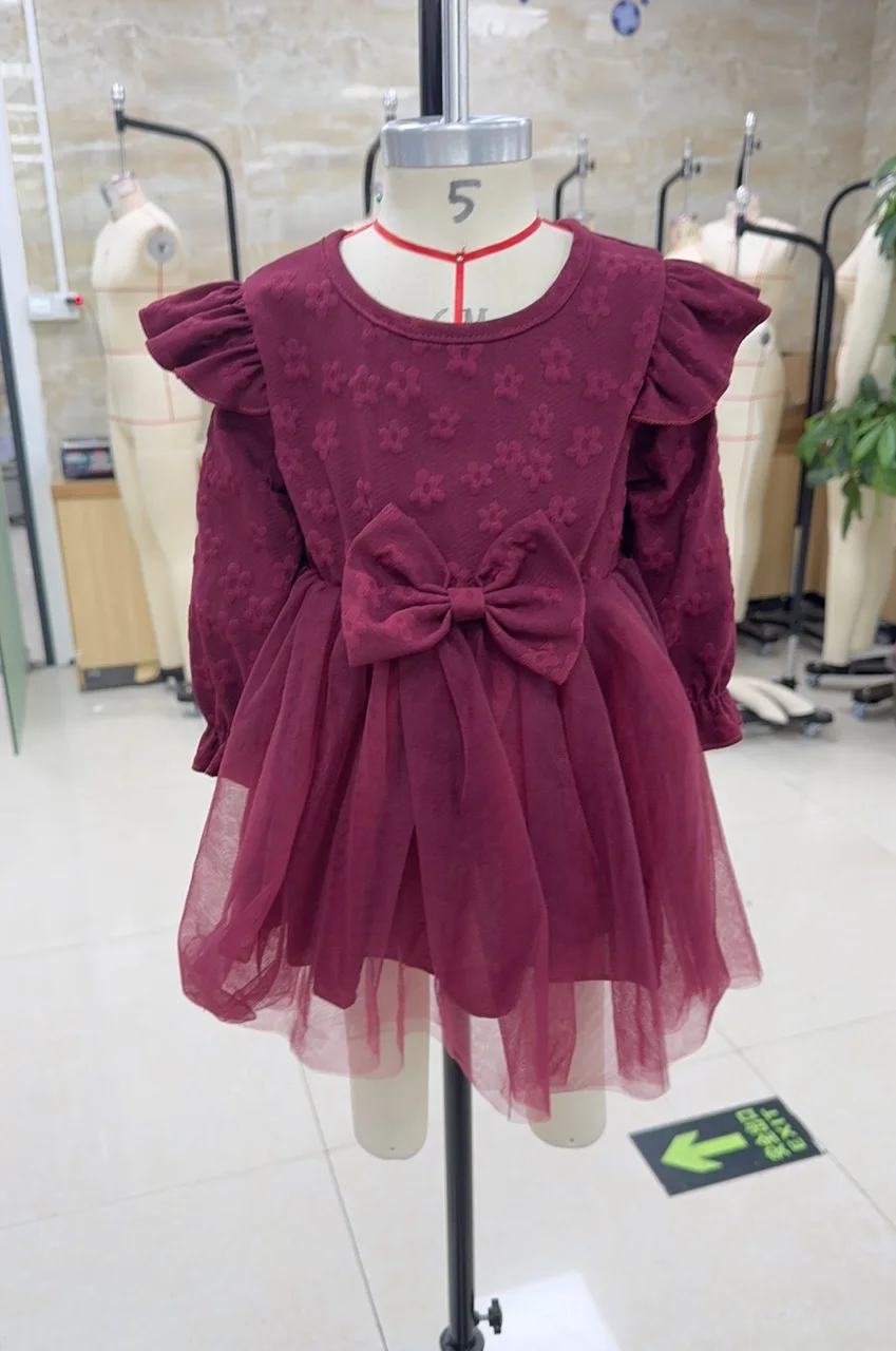 

Baby Clothing Girls Solid Autumn Dress Flower Bow Decorated Ruffled Long Sleeves Mesh Dresses Nebworn Clothes