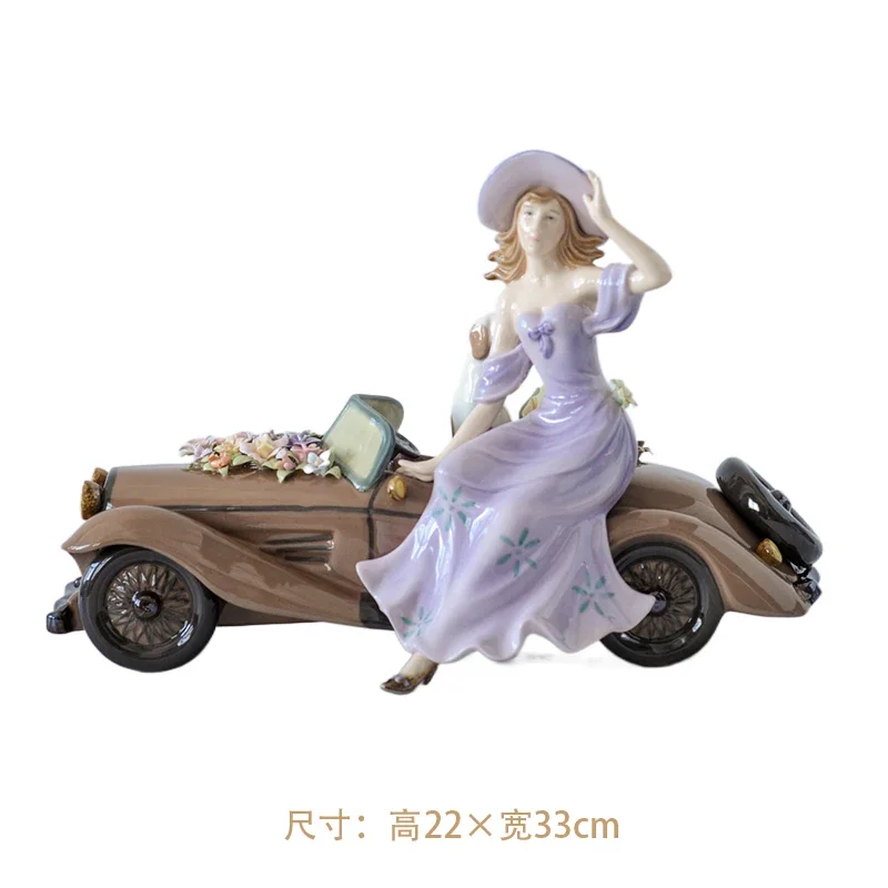 Elegant Noble Lady with Vintage Car Porcelain Figurine Classic European Style Ceramic Sculpture Home Living Room Decor Ornament
