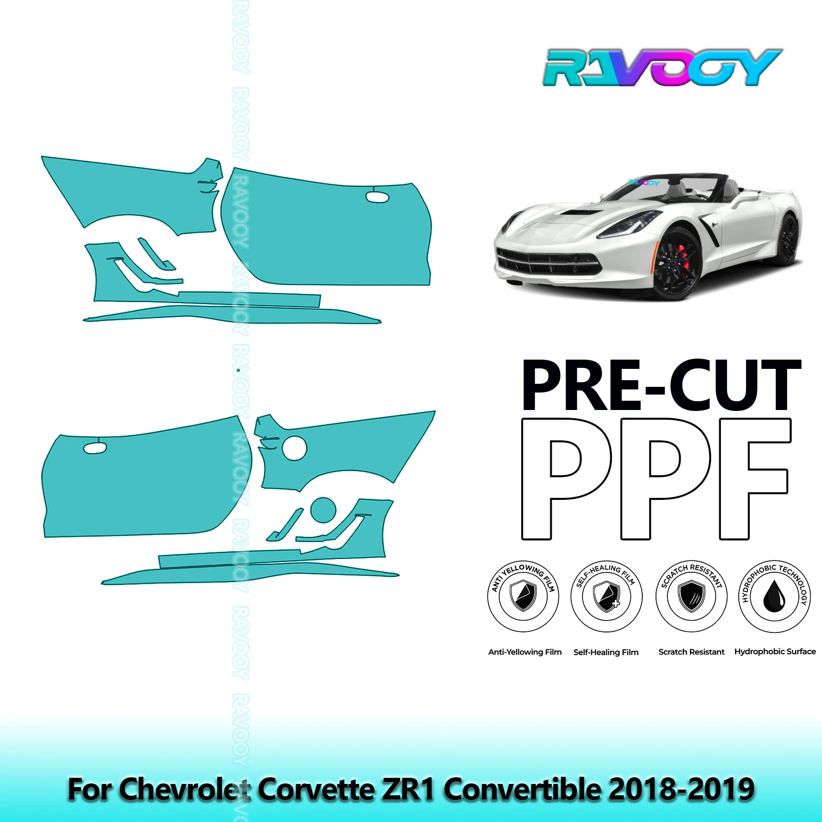 

For Chevrolet Corvette ZR1 Convertible 2018-2019 8.5mil Pre-Cut PPF Door & A/B Pillar Kit TPU Paint Protection Film Set