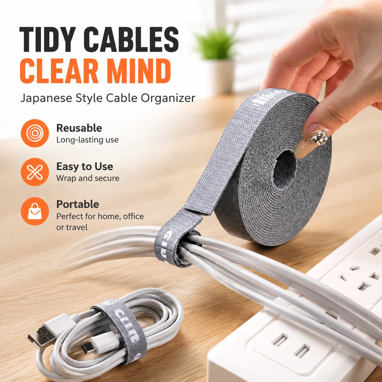 Japanese Style Cable Organizer, Reusable Magic Tape Cord Wrap for Home Office, Portable Wire Management Ties
