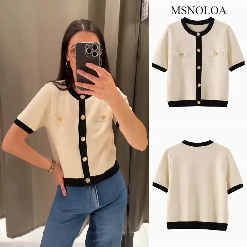 MSNOLOA 2024 New Korean Fashion Knitted Cardigan Women Hit Color Single Breasted Short Sleeve O-neck Tops